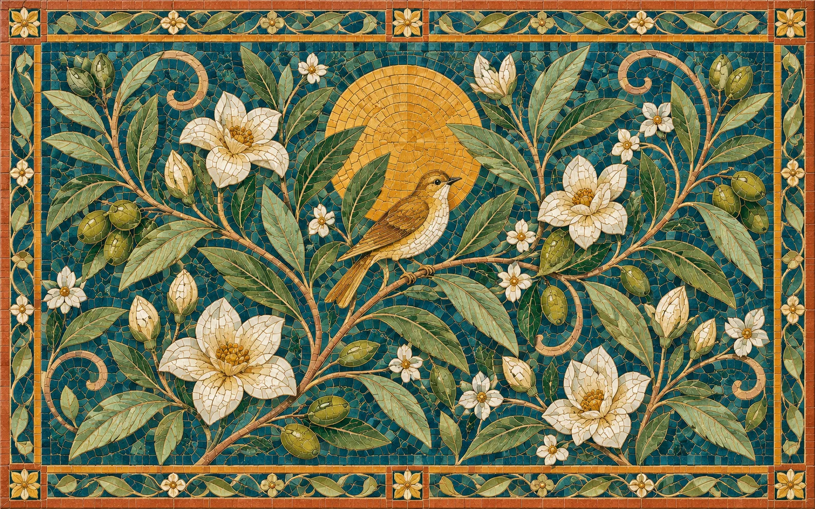 A golden bird among ceramic green leaves and ivory flowers.