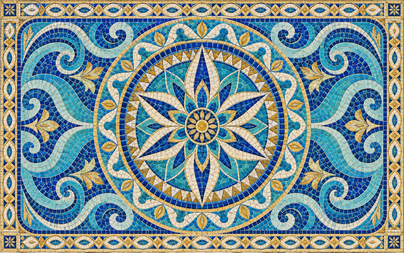 A blue, ivory, and gold fountain mosaic with a central rosette.