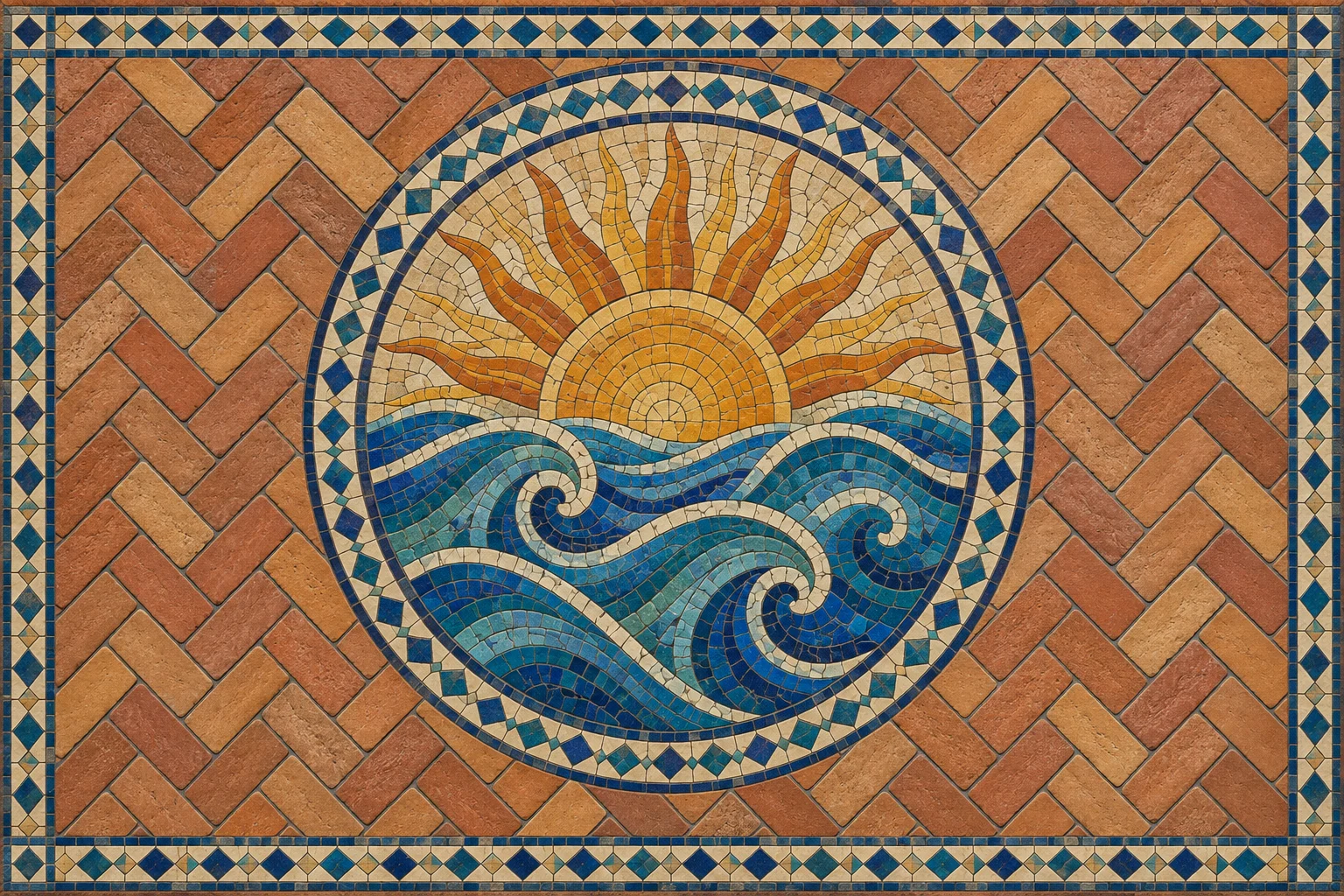 Terracotta tiles around a blue-and-gold sun and wave mosaic.
