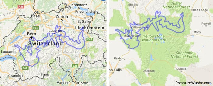 Grand Canyon Overlayed on Switzerland and Yellowstone