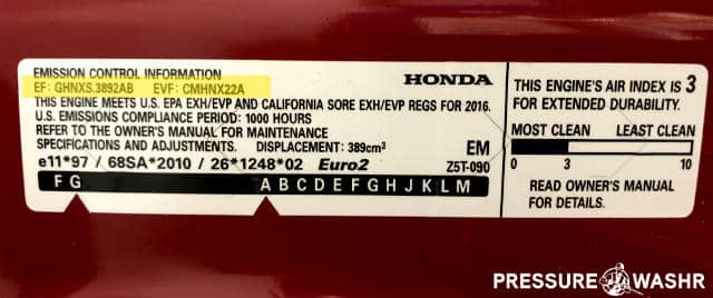 Emissions Control Label Honda GX390 SORE