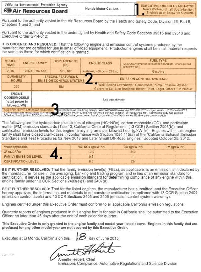 Honda Small Engine Family CARB Executive Order