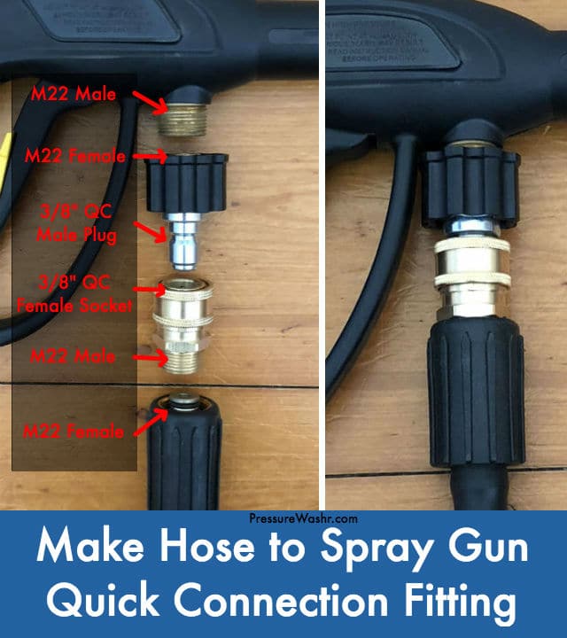 Pressure washer adapters hose to spray gun quick connect