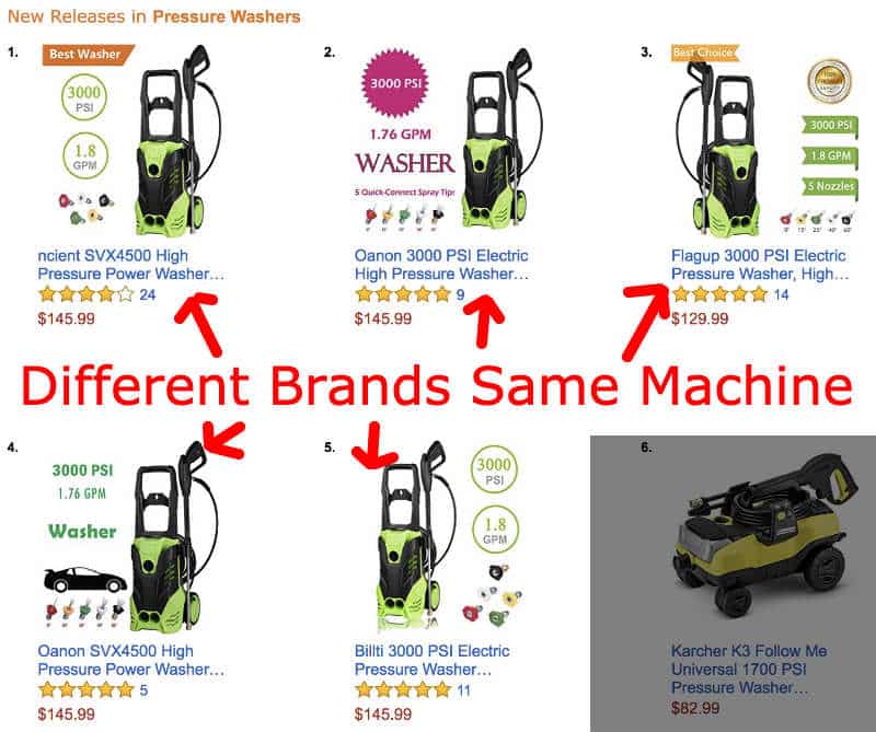 Different Chinese pressure washer brands on Amazon